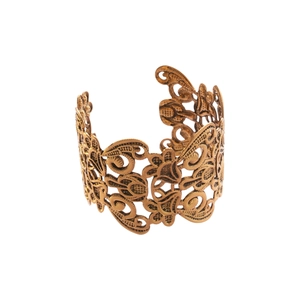 Vintage bronze open cuff bracelet with intricate hollow floral and vine carvings