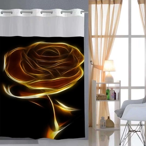 Detail of silver metal eyelets on a black shower curtain with golden rose floral pattern