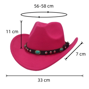 Detailed dimension guide for rose red wool felt cowboy hat with turquoise studs