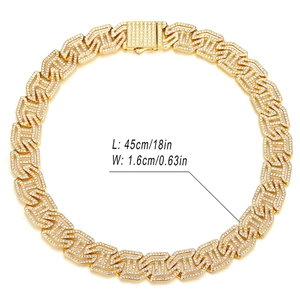 Macro shot showing 16mm gold iced-out Cuban link chain with 45cm and 1.6cm size guide