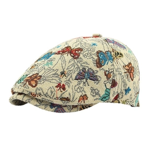 Vintage flat cap for women with colorful butterfly jacquard embroidery in cream white fabric