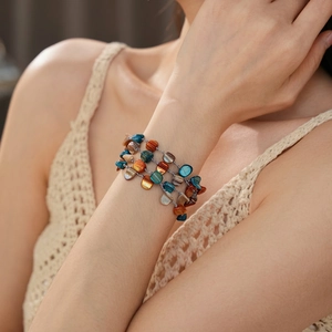 Bohemian multi-layer stainless steel bracelet with colorful shell beads on model