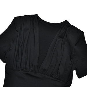 Detail shot of black bodysuit showing deep V-neckline and stylish ruched bodice design