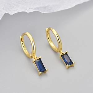 Elegant gold hoop earrings with rectangular blue zircon pendants and S925 silver stamp