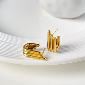 Minimalist Stainless Steel Gold Wings U-Shaped Hoop Earrings For Women 18K Gold Plated Multi Row Geometric Stud Earrings Jewelry