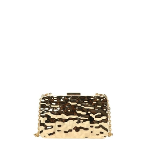 Detail view of gold hammered texture on metallic evening clutch with chain strap