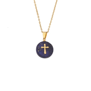 Lapis lazuli round pendant necklace with golden cross and stainless steel chain