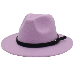 Detail of light purple wool fedora hat featuring a slim black leather belt and gold buckle