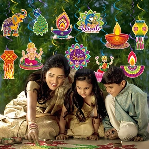 Colorful Diwali hanging swirl decorations with Indian festive patterns and Diya cards