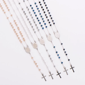 Religious rosary bead necklaces with crystal beads and metal crucifix in various colors