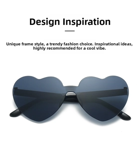 Front view of rimless heart-shaped sunglasses with dark grey one-piece lenses