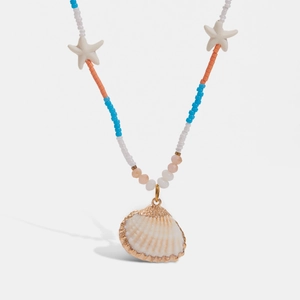 Stainless Steel Seed Bead Necklace With Shell Starfish Pendant 18K Gold Plated Bohemian Beach Vacation Jewelry