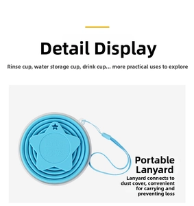 Detail of 170ml blue folding silicone cup showing BPA-free star lid and carry strap