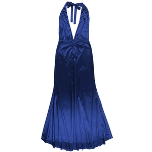 Detail of blue satin evening dress featuring a deep V-neck and halter neck tie design