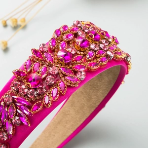 Detailed view of handmade baroque headband featuring pink crystals and luxury rhinestones