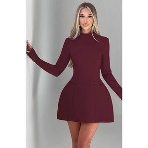 Close-up of wine red long sleeve mini dress with structured waist and turtleneck design