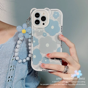 Blue plumeria iPhone case with decorative floral beaded lanyard and side text design