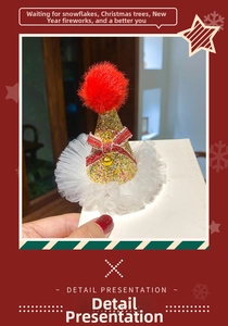 Detail presentation of plush Christmas hat hair clip with red bow and gold sequins