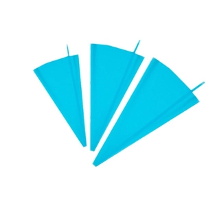 Three blue disposable pastry bags in various sizes for cake decorating on white background