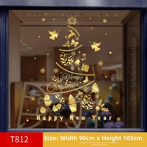 Detailed view of gold Christmas tree window decal with reindeer and snowflakes