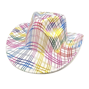 Detail shot of white cowboy hat with rainbow metallic grid lines and festive pattern