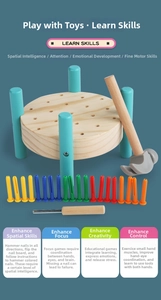 Macro view of colorful plastic pegs and wooden hammer for hand-eye coordination toy