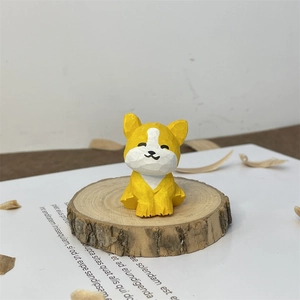 Detailed view of hand-carved wooden Shiba Inu figurine with visible wood grain textures