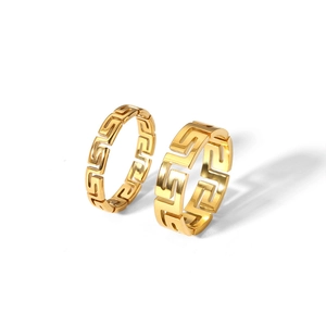 Minimalist gold stainless steel ring with hollow Greek key pattern on white background