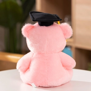 Rear view of pink graduation teddy bear with black mortarboard hat on white surface