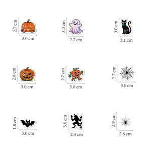 Planche détaillée d'autocollants d'Halloween avec dimensions pour citrouille et fantôme