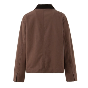 Back view of brown workwear jacket with contrasting corduroy collar and canvas fabric