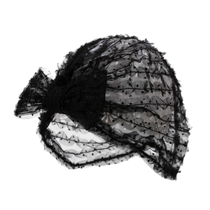 Women's black polka dot mesh turban hat with breathable lace and decorative side bow
