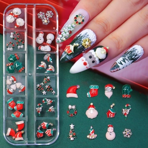 Christmas nail art alloy charms set with Santa, trees and snowflakes in storage box