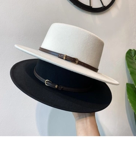 Flat brim wool felt fedora hats with leather buckle belts in black and white colors
