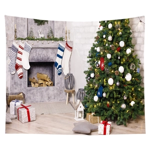 Close-up detail of Christmas tapestry featuring a cozy fireplace and decorated tree