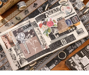 Detail of retro British style washi tape set with vintage stickers and musical notes