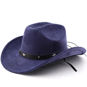 Detailed view of silver star rivets on the black leather band of the navy wool cowboy hat