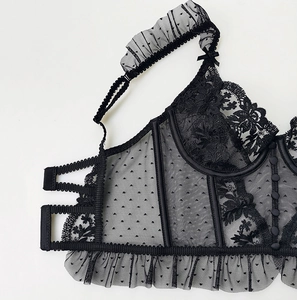 Detail view of black lace lingerie showing delicate mesh textures and ruffled edges