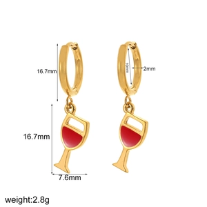 Detail showing 18k gold plated wine glass earrings with red enamel and size markings