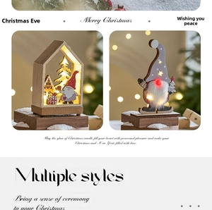 Close-up of wooden LED Christmas house and Santa Claus skiing figurine with warm lights