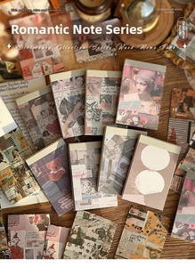 Close-up of 50 sheets vintage collage paper pack with floral and portrait motifs