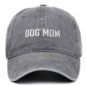 Vintage dark gray washed cotton baseball cap with DOG MOM embroidery for outdoor sun protection