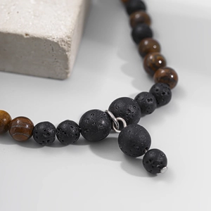 Men's hip hop beaded necklace with black lava stone and brown tiger eye beads on stone