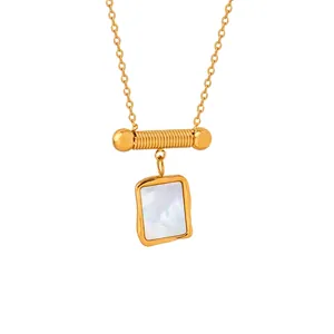 Vintage Necklace Titanium Steel 18K Gold Plated White Shell Mother Of Artificial Pearl Tourmaline Beaded Minimalist Women Jewelry