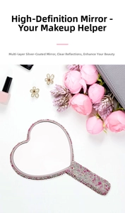 Detail of multi-layer silver-plated HD mirror with sparkling heart-shaped rhinestone frame