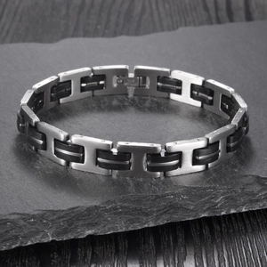 Vintage men's silicone bracelet with brushed stainless steel H-link design on stone