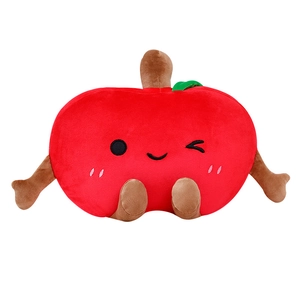 Cute cartoon red apple plush toy with playful wink expression and soft green leaf detail