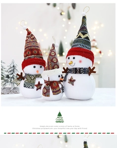 Detailed view of three plush ethnic style Christmas snowmen with knitted hats and scarves