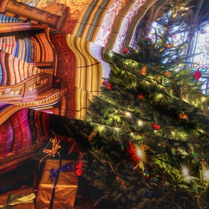 Close-up of Christmas tree tapestry showing fine woven texture and festive digital print
