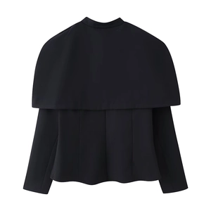 Back view of a black long-sleeve casual top with stand collar and cinched waist